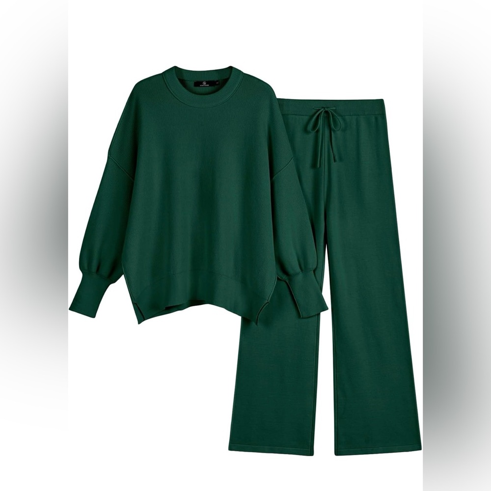 Forest Green Knit Lounge Set | Sweater & Wide Leg Pants | Size XL